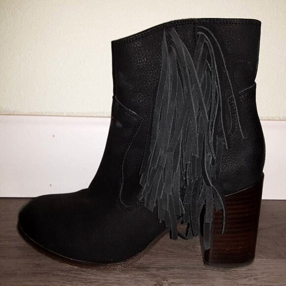 Liebeskind Black Leather ? Fringe High Heeled Ankle Boots Zip Up Booties Size 37 - Picture 3 of 12